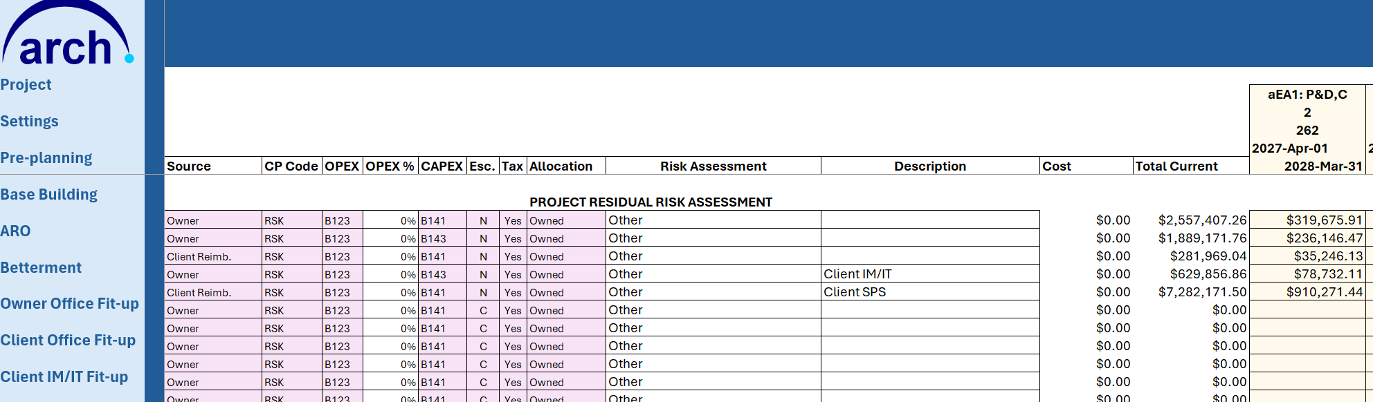 ARCH risk allocation assigning risk amounts by account and year of occurrence