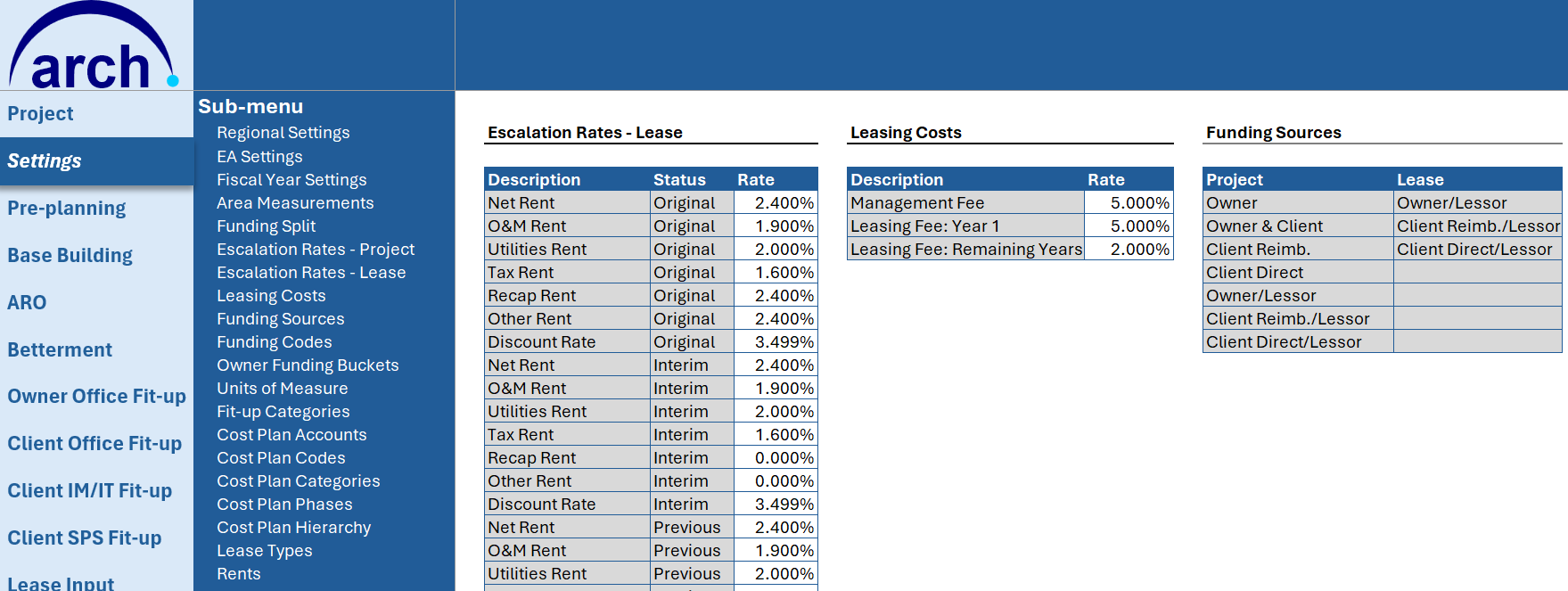 ARCH settings screen with escalation rates, CAPEX and OPEX accounting codes and funding sources