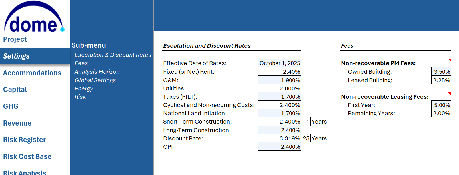 DOME settings screen showing configurable escalation rates, discount rates and horizon dates